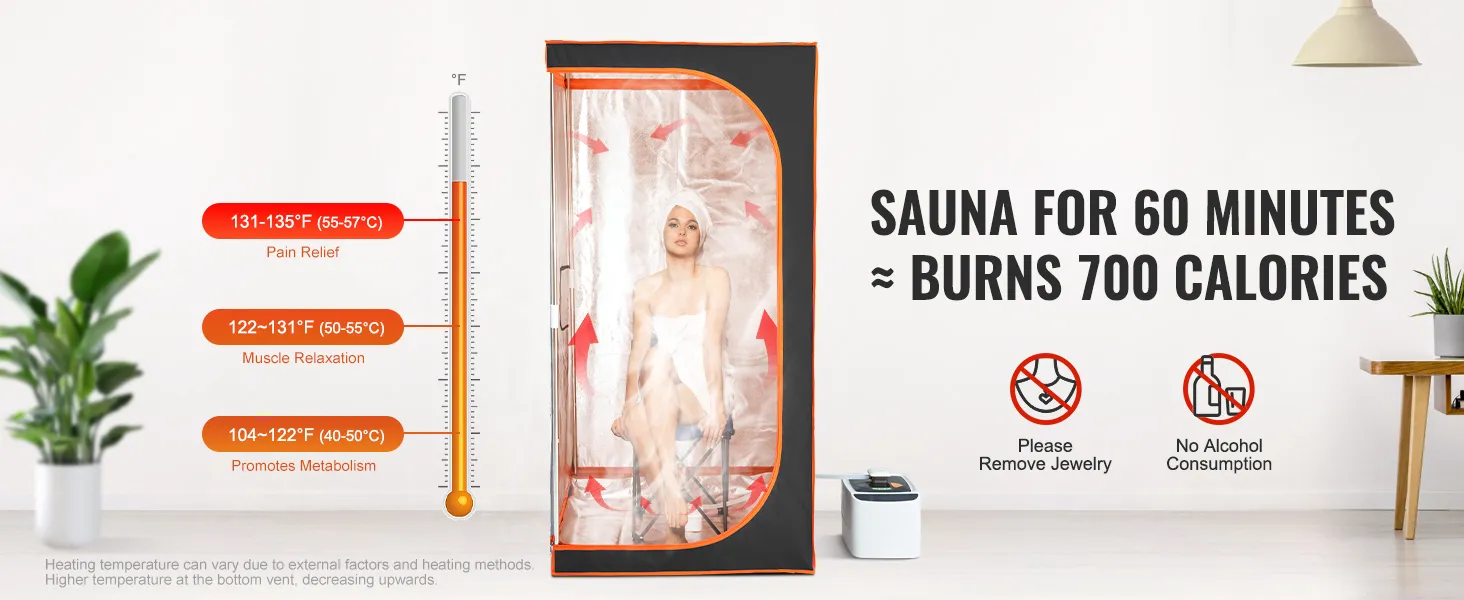 VEVOR portable steam sauna burns 700 calories in 60 minutes, showing pain relief, muscle relaxation, and metabolism boost.