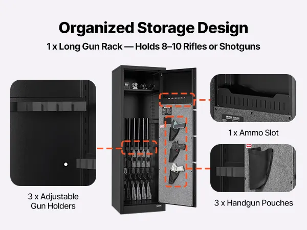 VEVOR 8-10 Gun Safe, Long Gun Cabinet for Rifles and Pistols, Quick Access Fireproof Rifle Safe with 3 Pistol Pockets and Adjustable Racks, Large Digital Cabinet with Fingerprint and Password Lock