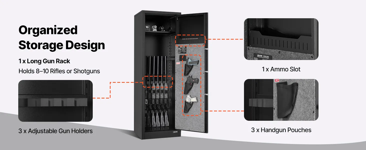 VEVOR 8-10 Gun Safe, Long Gun Cabinet for Rifles and Pistols, Quick Access Fireproof Rifle Safe with 3 Pistol Pockets and Adjustable Racks, Large Digital Cabinet with Fingerprint and Password Lock