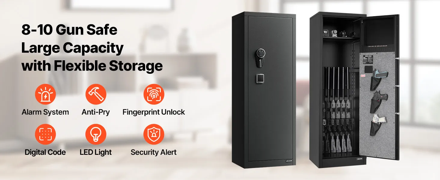 VEVOR 8-10 Gun Safe, Long Gun Cabinet for Rifles and Pistols, Quick Access Fireproof Rifle Safe with 3 Pistol Pockets and Adjustable Racks, Large Digital Cabinet with Fingerprint and Password Lock