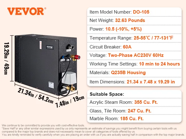 Dimensiones y especificaciones del generador de ducha de vapor VEVOR con número de modelo do-105 y espacios adecuados.