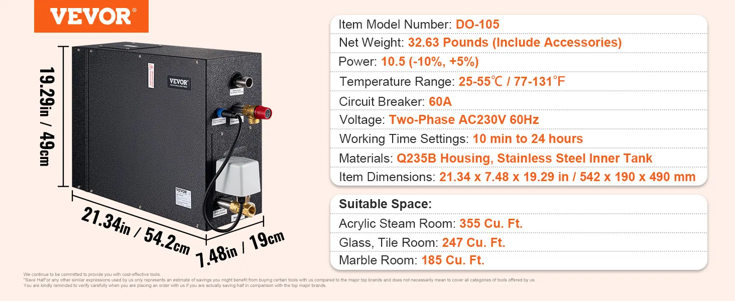 Dimensiones y especificaciones del generador de ducha de vapor VEVOR con número de modelo do-105 y espacios adecuados.