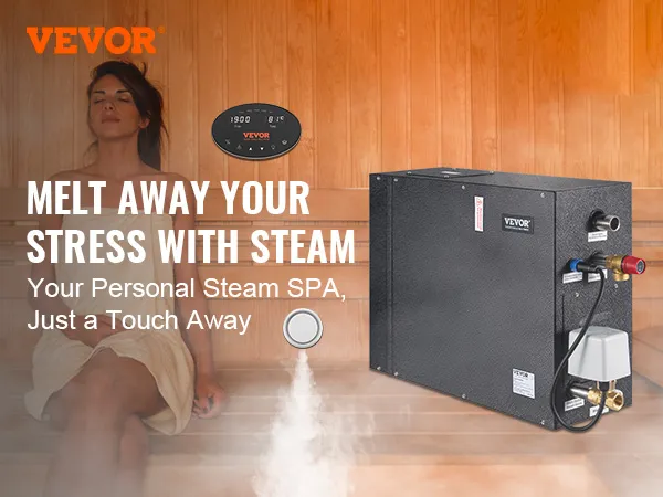 Generador de ducha de vapor VEVOR en una sala de sauna de madera con panel de control, salida de vapor y usuario.