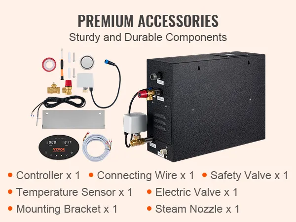 Accesorios premium para generador de ducha de vapor VEVOR, incluidas tuberías de entrada y vapor, conexión a tierra e instalación.