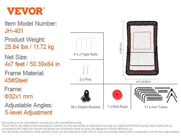 VEVOR Lacrosse-Rebounder jh-401 - Spezifikationen, Montageteile, 4 x 7 Fuß Netz, 45# Stahlrahmen, 5-stufige Einstellung.