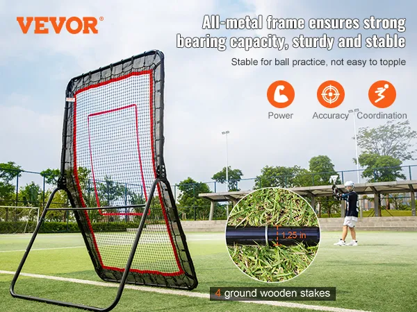VEVOR Lacrosse-Rebounder mit Ganzmetallrahmen, auf einem Fußballfeld aufgestellt und zeigt Stabilität.