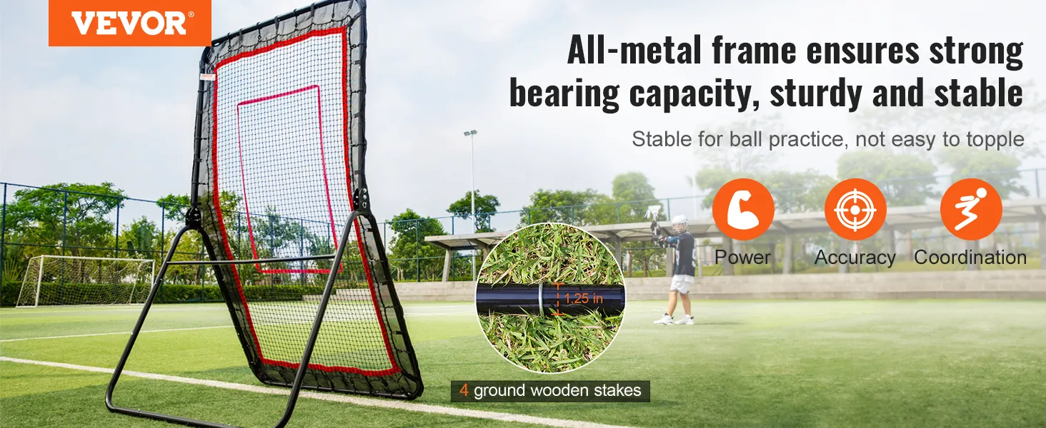 VEVOR Lacrosse-Rebounder mit Ganzmetallrahmen, auf einem Fußballfeld aufgestellt und zeigt Stabilität.
