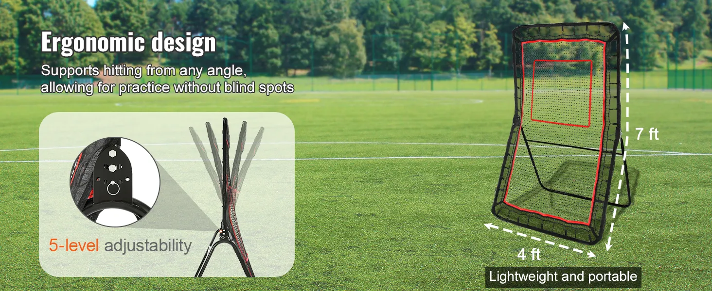 VEVOR Lacrosse-Rebounder auf einem Feld mit ergonomischem Design und 5-stufiger Einstellbarkeit.