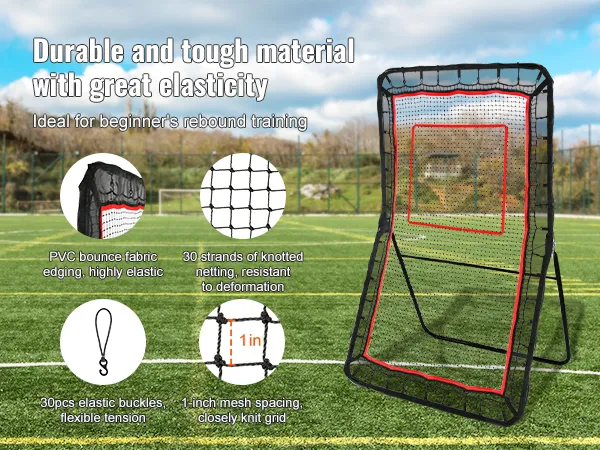 VEVOR Lacrosse-Rebounder auf einem Kunstrasenfeld mit PVC-Sprunggewebe, geknotetem Netz und elastischen Schnallen.
