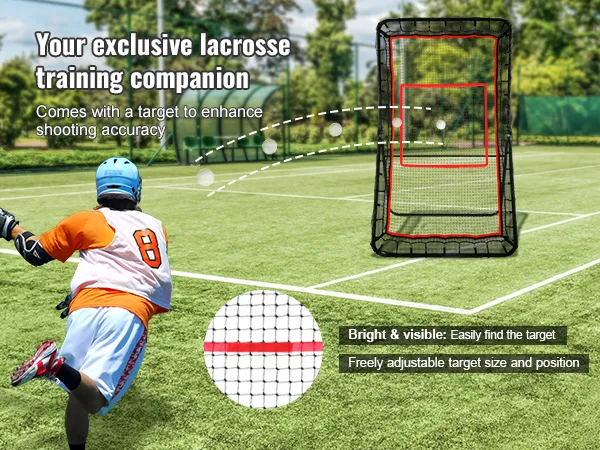 Lacrosse-Spieler schießt auf einem sonnigen Feld auf einen VEVOR-Lacrosse-Rebounder und präsentiert das verstellbare Ziel für mehr Genauigkeit.
