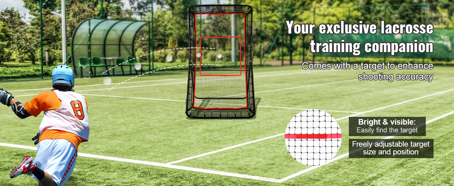Lacrosse-Spieler schießt auf einem sonnigen Feld auf einen VEVOR-Lacrosse-Rebounder und präsentiert das verstellbare Ziel für mehr Genauigkeit.