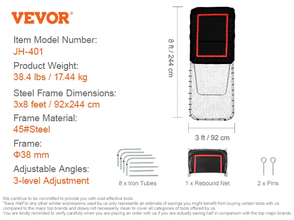 VEVOR Lacrosse-Rebounder jh-401, 3 x 8 Fuß, 38,4 lbs, Stahlrahmen, 3-stufige Einstellung, inkl. Rohre, Netz und Stifte.
