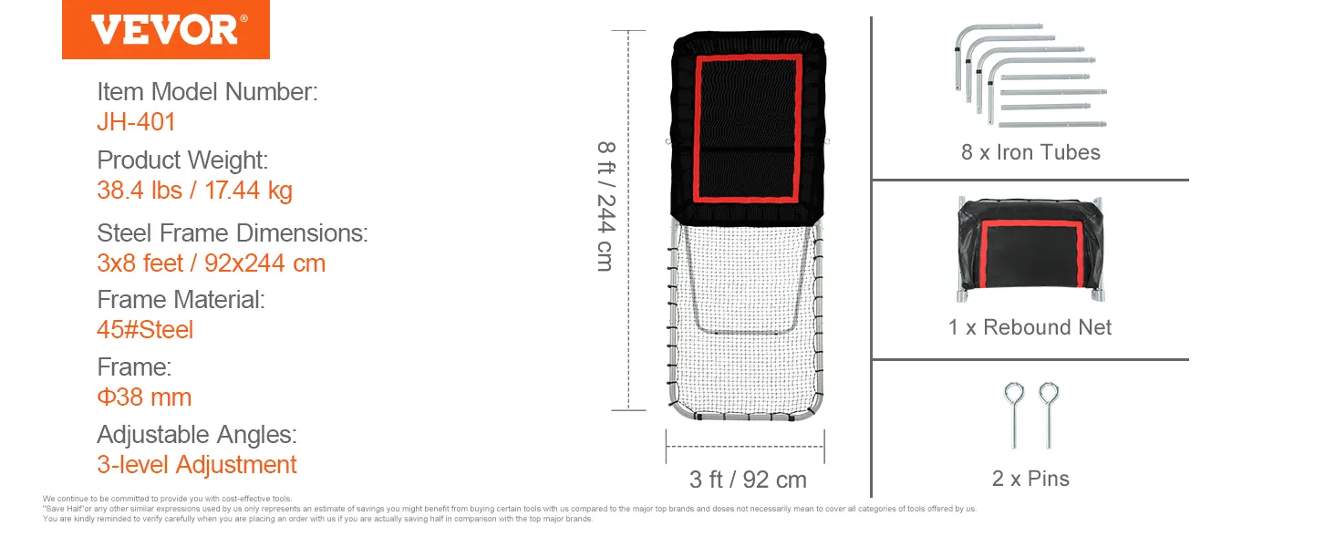 VEVOR Lacrosse-Rebounder jh-401, 3 x 8 Fuß, 38,4 lbs, Stahlrahmen, 3-stufige Einstellung, inkl. Rohre, Netz und Stifte.