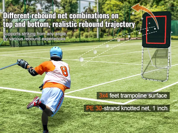 Lacrosse-Spieler verwendet VEVOR-Lacrosse-Rebounder mit 3 x 4 Fuß großer Trampolinoberfläche und PE-30-Strang-Knotennetz.