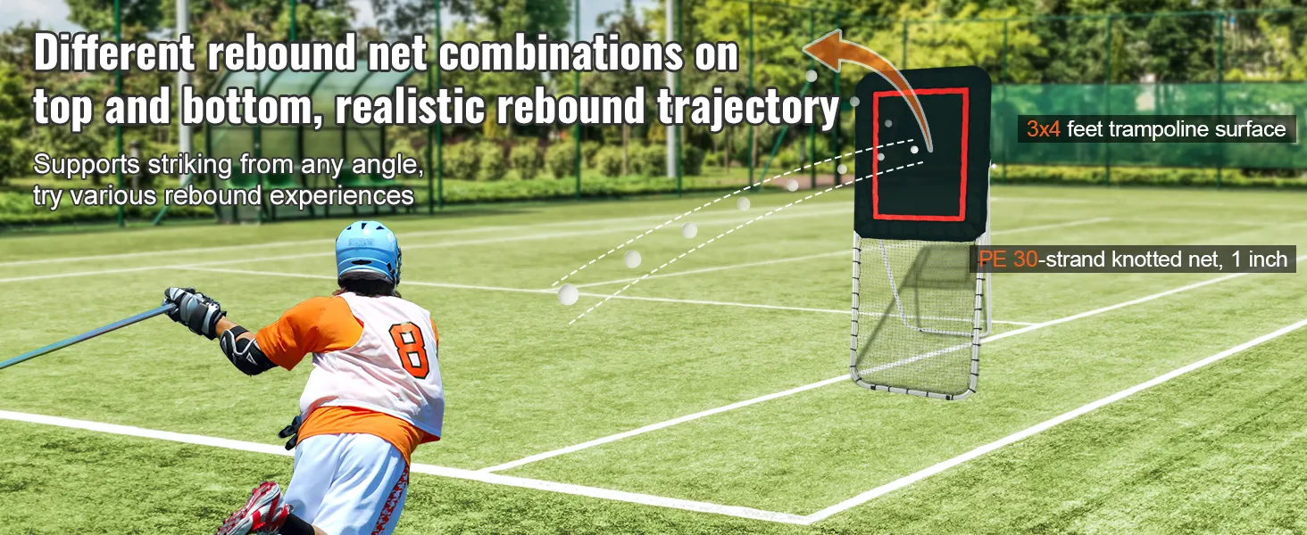 Lacrosse-Spieler verwendet VEVOR-Lacrosse-Rebounder mit 3 x 4 Fuß großer Trampolinoberfläche und PE-30-Strang-Knotennetz.