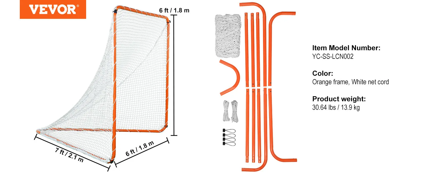 Portería de lacrosse VEVOR con marco naranja de 6x7 pies, cordón de red blanco, modelo yc-ss-lcn002, 30,64 libras.