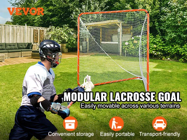 Portería de lacrosse VEVOR en un patio trasero con muebles de exterior, que destaca por su cómodo almacenamiento y portabilidad.