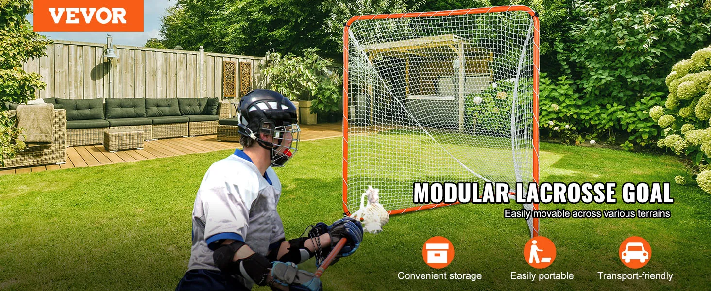 Portería de lacrosse VEVOR en un patio trasero con muebles de exterior, que destaca por su cómodo almacenamiento y portabilidad.