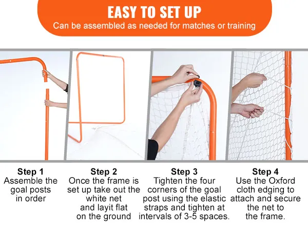 Guía de instalación de porterías de lacrosse VEVOR: ensamblar los postes, instalar el marco, fijar la red con correas, asegurar los bordes.