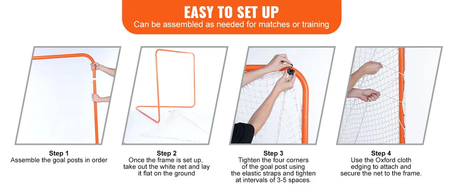 Guía de instalación de porterías de lacrosse VEVOR: ensamblar los postes, instalar el marco, fijar la red con correas, asegurar los bordes.