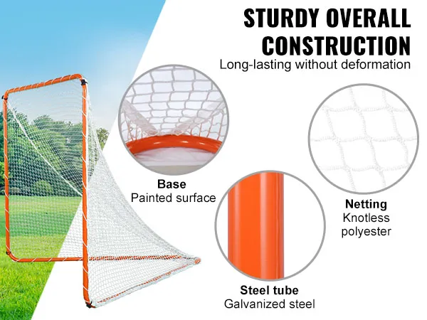Portería de lacrosse VEVOR con tubo de acero, red de poliéster sin nudos y base de superficie pintada en un parque.