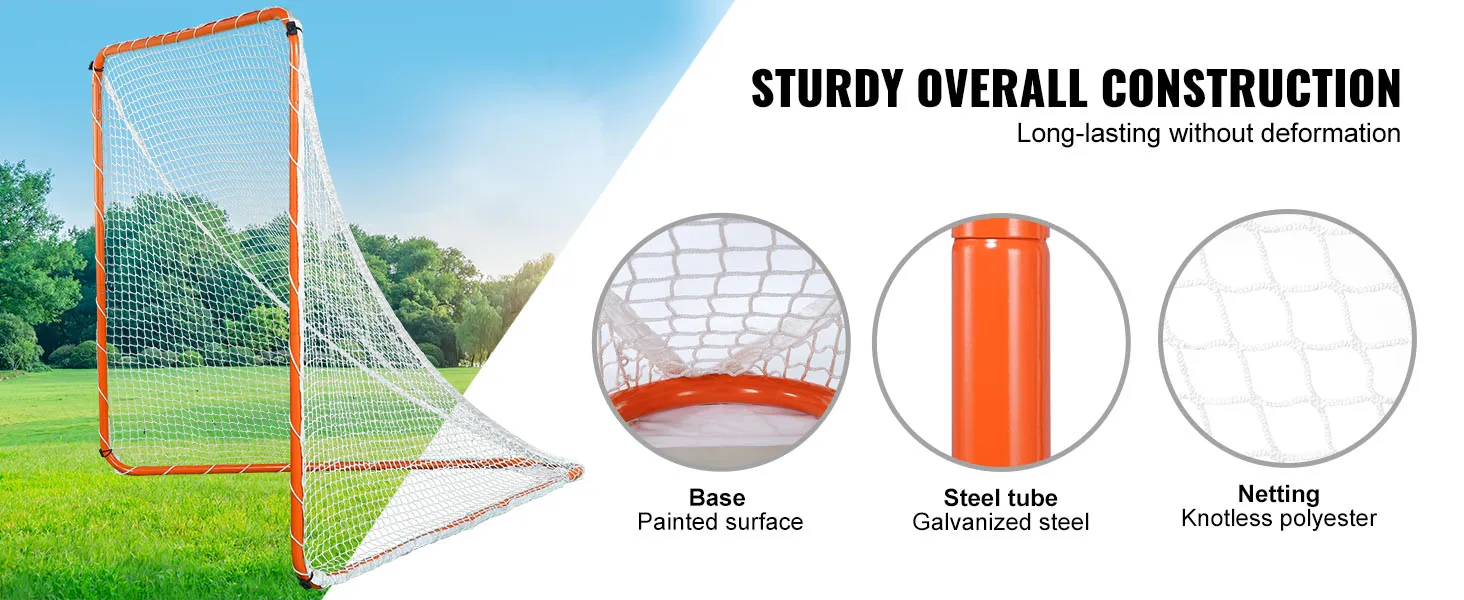 Portería de lacrosse VEVOR con tubo de acero, red de poliéster sin nudos y base de superficie pintada en un parque.