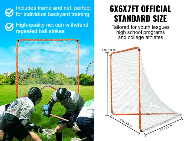 Portería de lacrosse VEVOR con red, perfecta para entrenamiento en el patio trasero, con dimensiones de 6 x 6 x 7 pies y red duradera.
