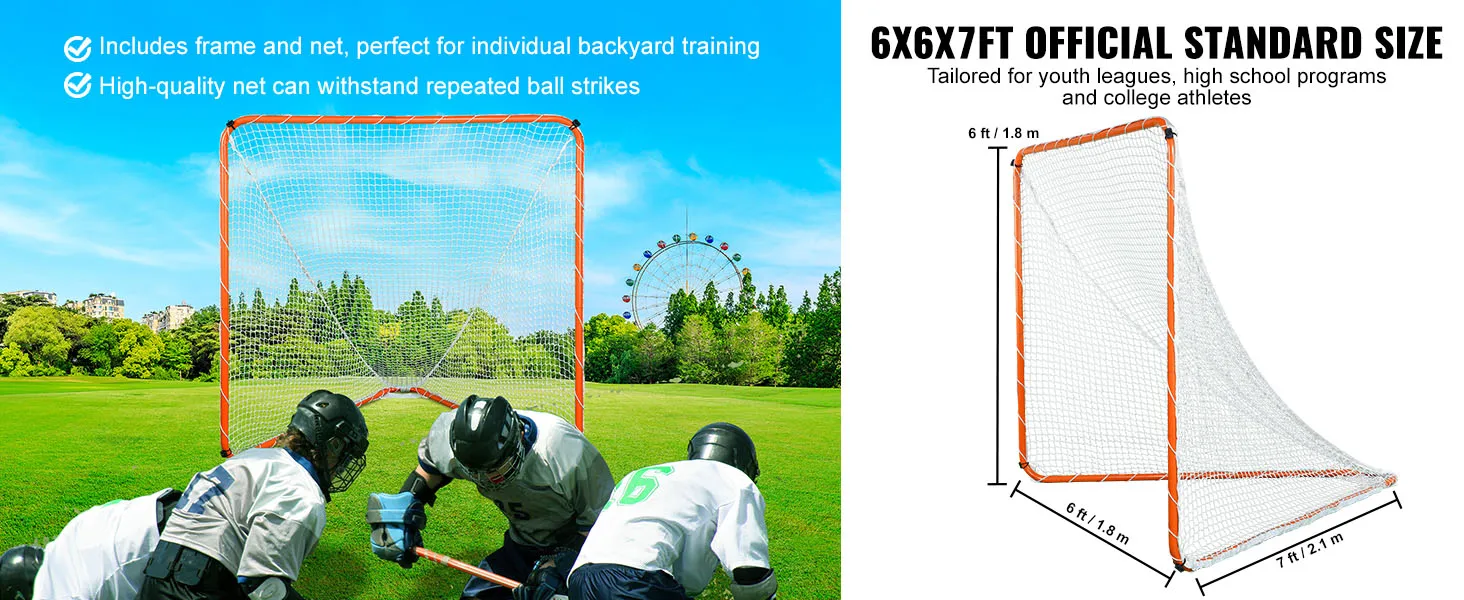 Portería de lacrosse VEVOR con red, perfecta para entrenamiento en el patio trasero, con dimensiones de 6 x 6 x 7 pies y red duradera.