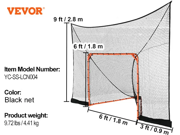 Conjunto de portería de lacrosse VEVOR con red negra, piezas de marco y herrajes de ensamblaje.