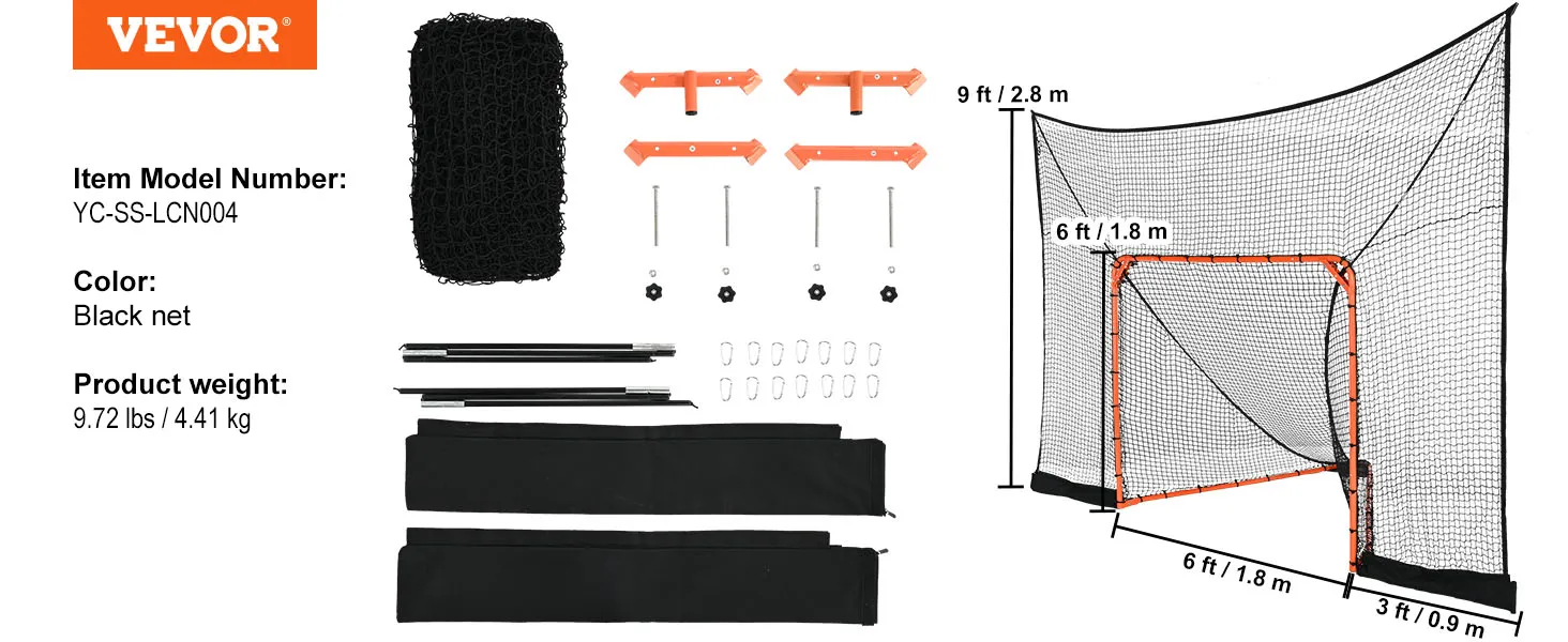 Conjunto de portería de lacrosse VEVOR con red negra, piezas de marco y herrajes de ensamblaje.