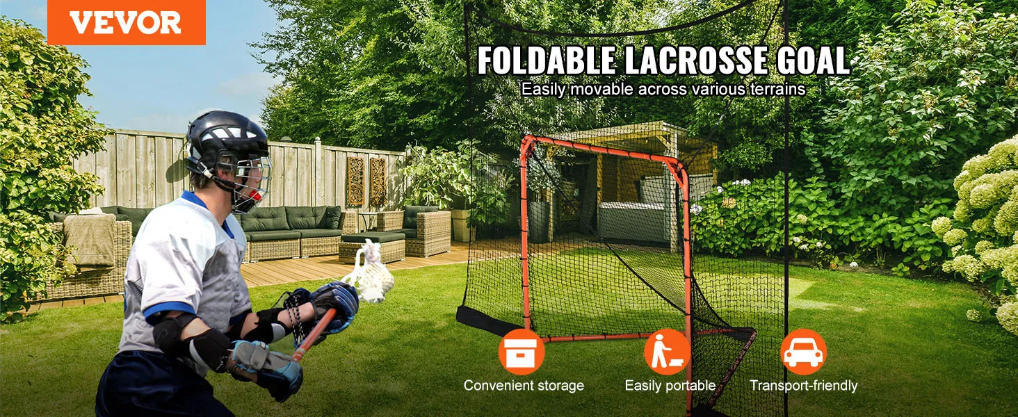 Portería de lacrosse VEVOR en un patio trasero, que se muestra con un jugador. Fácil de almacenar y transportar.
