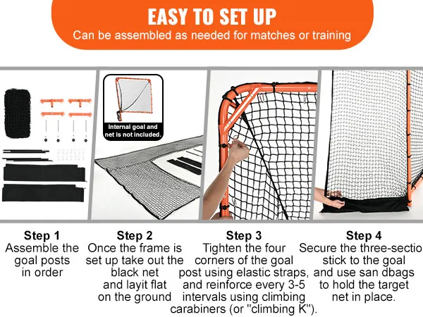 Guía de fácil instalación para el portero de lacrosse VEVOR, que muestra instrucciones de montaje paso a paso.