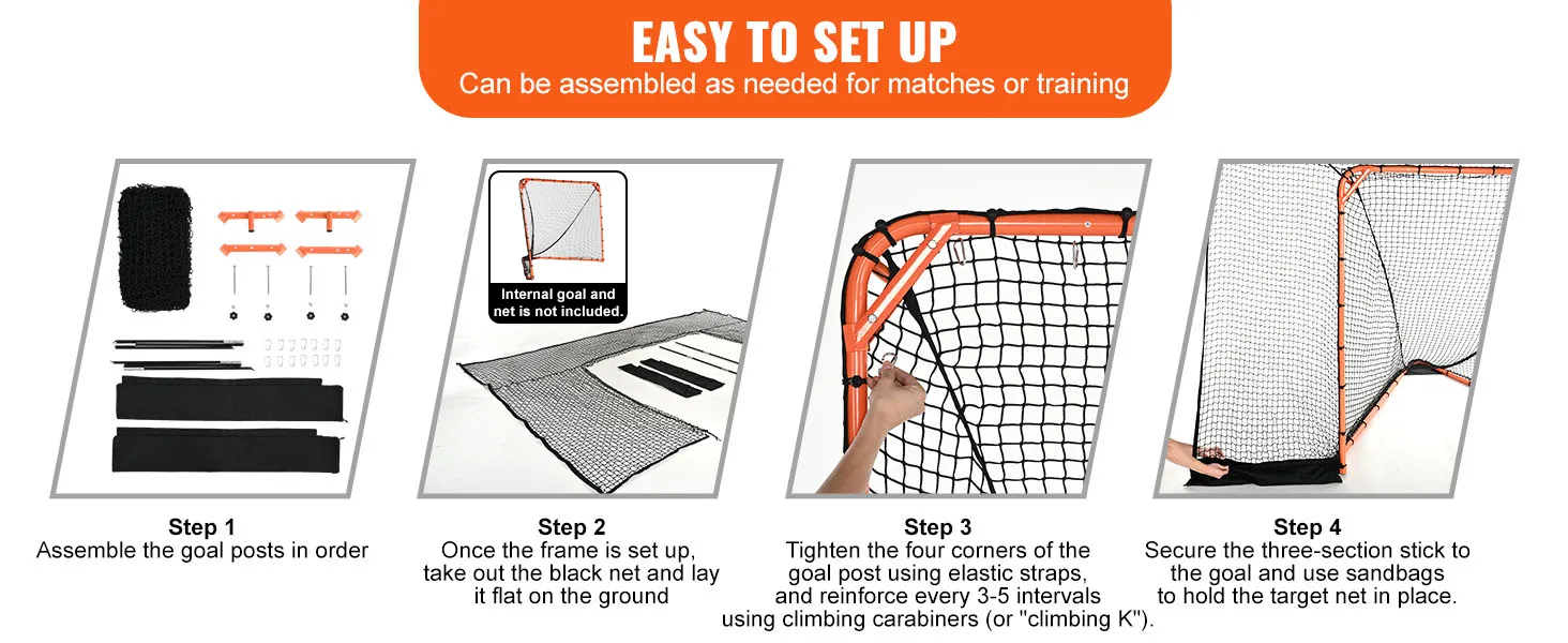 Guía de fácil instalación para el portero de lacrosse VEVOR, que muestra instrucciones de montaje paso a paso.