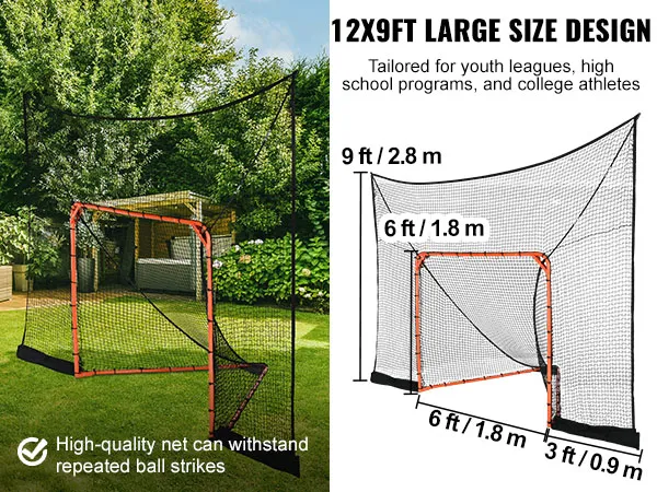 Jugador de lacrosse practicando con un portero de lacrosse VEVOR en el patio trasero, con una red de alta calidad.