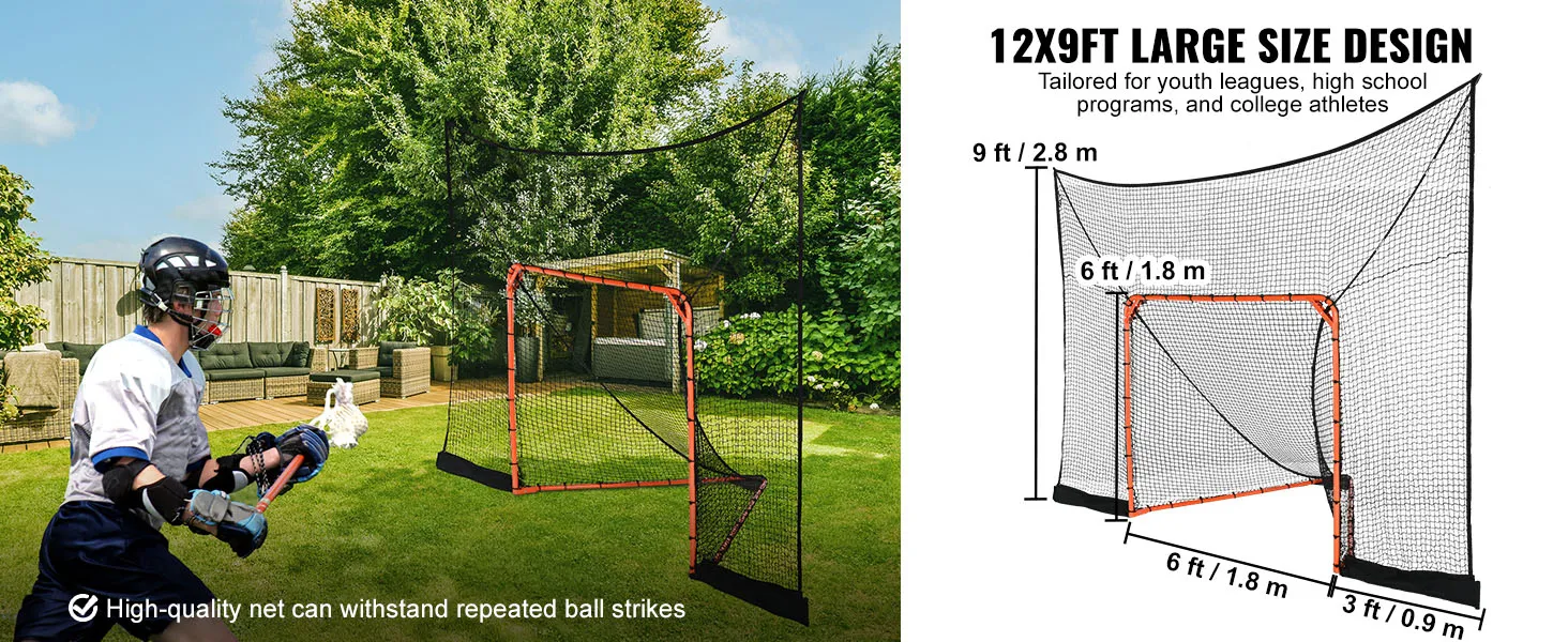 Jugador de lacrosse practicando con un portero de lacrosse VEVOR en el patio trasero, con una red de alta calidad.