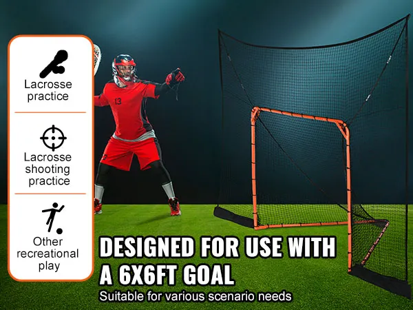 Jugador de lacrosse en rojo y negro cerca de la portería de lacrosse VEVOR con diagrama para escenarios de práctica