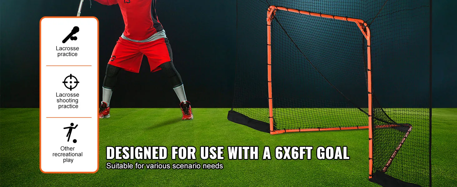 Jugador de lacrosse en rojo y negro cerca de la portería de lacrosse VEVOR con diagrama para escenarios de práctica