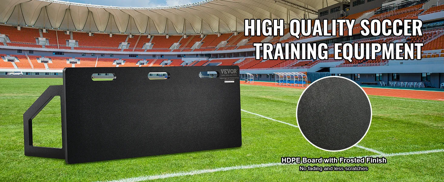 VEVOR soccer rebounder on a stadium field showcasing its hdpe board with frosted finish.