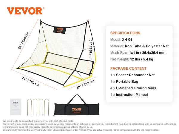 VEVOR soccer rebounder with net, portable bag, ground nails, and manual; dimensions 63"x71"x40".