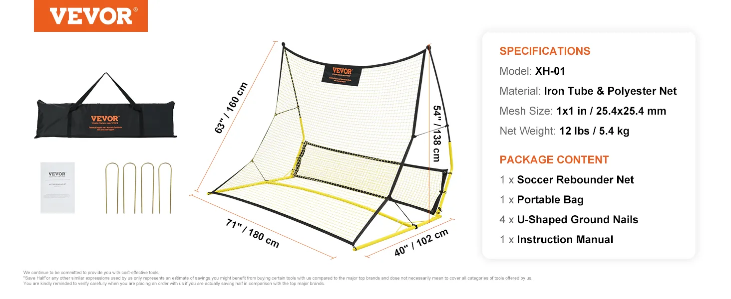 VEVOR soccer rebounder with net, portable bag, ground nails, and manual; dimensions 63"x71"x40".