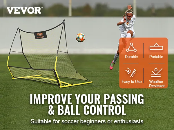 VEVOR soccer rebounder for improving passing and ball control; durable, portable, and weather-resistant.