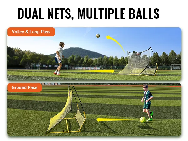 dual-use VEVOR soccer rebounder for volley, loop, and ground passes on a green field.
