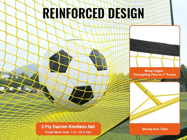VEVOR soccer rebounder with a durable yellow net, reinforced iron frame, and secure wrap edges.