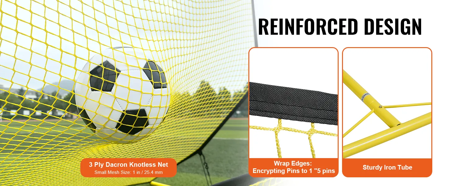 VEVOR soccer rebounder with a durable yellow net, reinforced iron frame, and secure wrap edges.