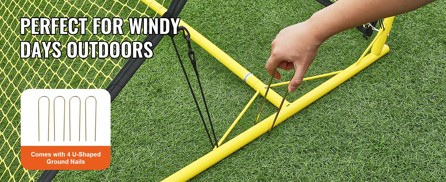 VEVOR soccer rebounder on grass with u-shaped ground nails for stability, perfect for windy days outdoors.