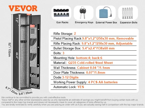 VEVOR gun safe features multiple rifle and pistol racks, emergency keys, external power box, and strong steel construction.