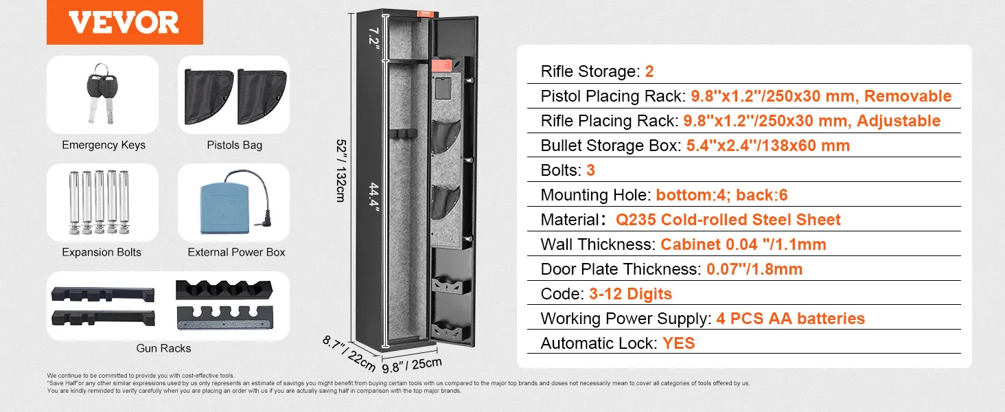 VEVOR gun safe features multiple rifle and pistol racks, emergency keys, external power box, and strong steel construction.