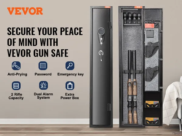 VEVOR gun safe with anti-prying, password, emergency key, dual alarm, and 3-4 rifle capacity.