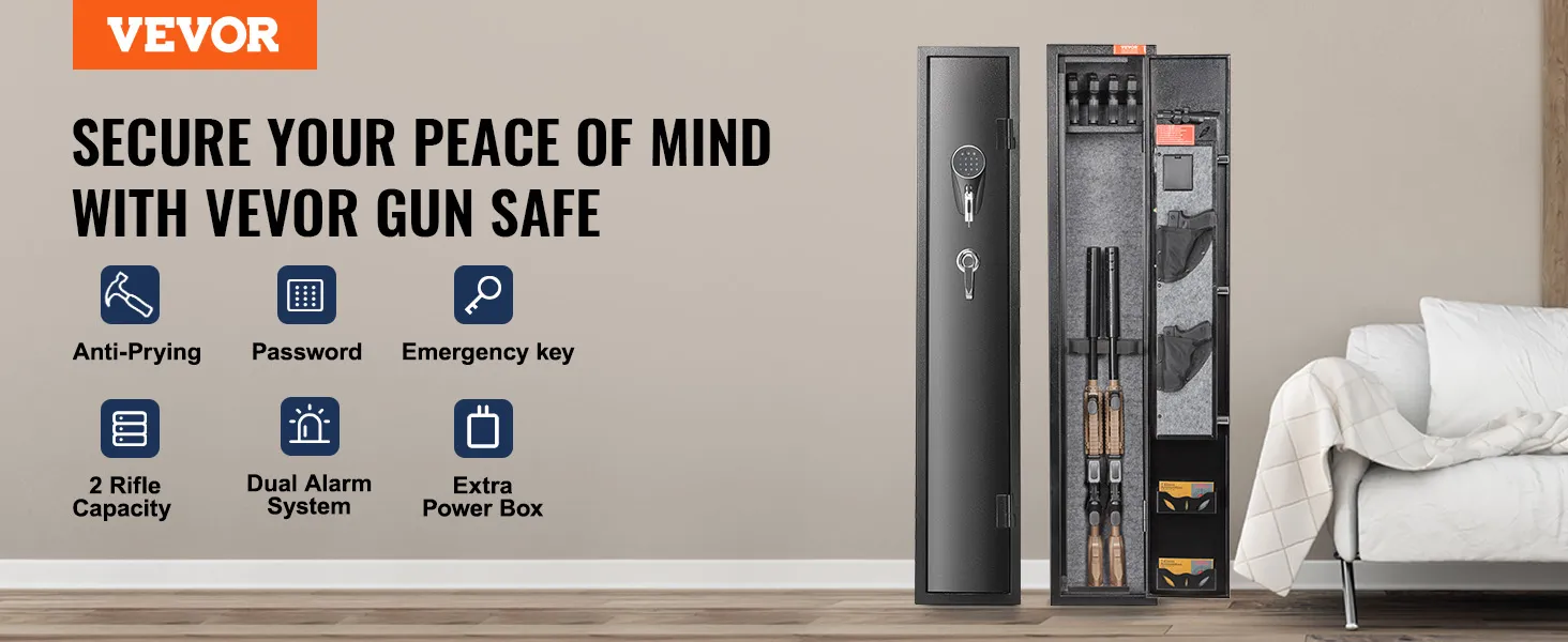 VEVOR gun safe with anti-prying, password, emergency key, dual alarm, and 3-4 rifle capacity.