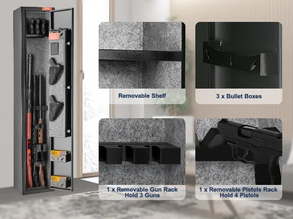 VEVOR gun safe with removable shelves, gun and pistols rack, and bullet boxes in a living room.